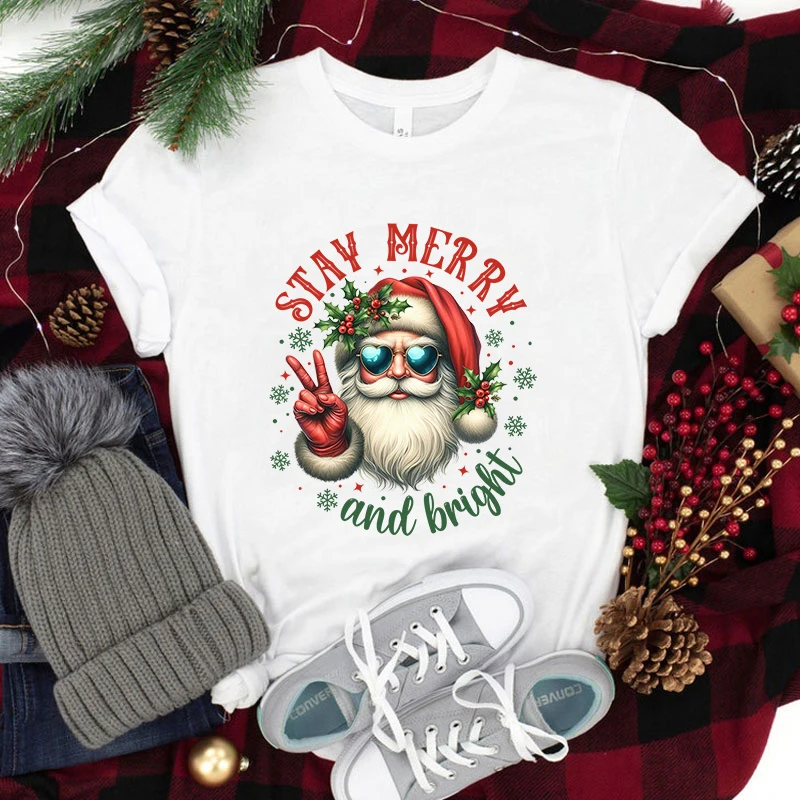 Funny Christmas Santa Claus Stay Merry And Bright Print T-Shirt Summer Letter Print T Shirt Women Men Short Sleeve Loose Shirts