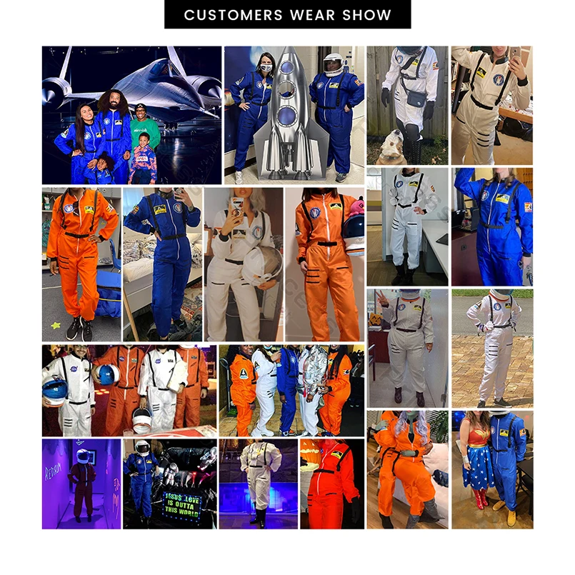 Adult Astronaut Costume for Women Men Flight Suit Costume Cosplay Space Astronaut Blue Full Body Jumpsuit with Zipper Carnival