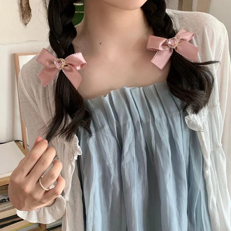 1/2pcs Sweet Pink Bow Hairpin Women Girls Y2K Retro Lace Zircon Heart Hair Clips Barrettes Elegant Crystal Love Headwears Gifts image 2