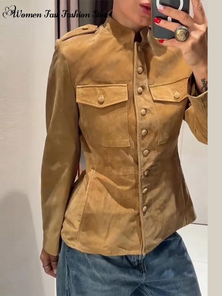 2026 Autumn Vintage Single-breasted Jackets Ladies Solid Color Stand Collar Pockets Full Sleeve Coat Women's Casual Outwear