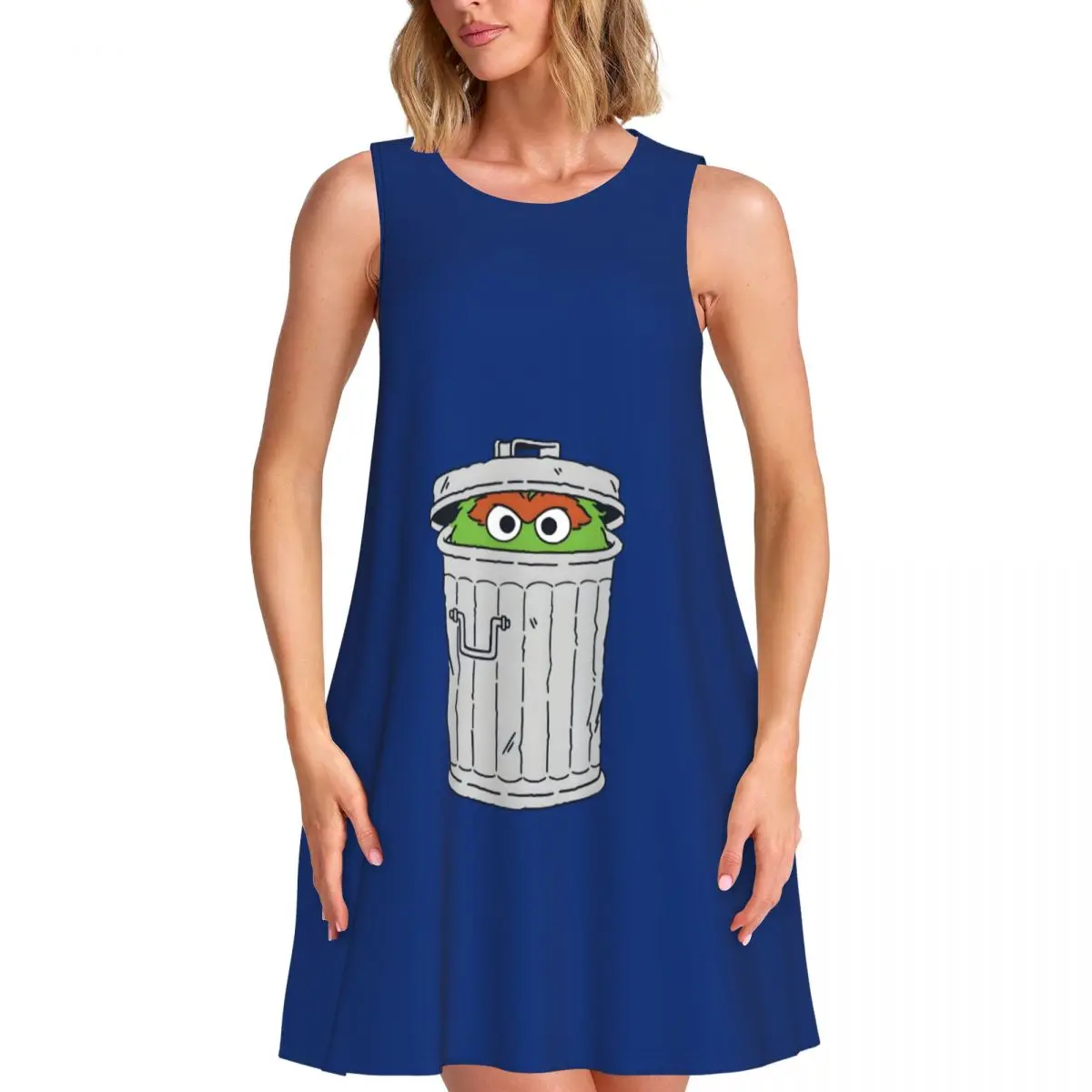 فستان صيفي فضفاض مخصص من كوكي مونستر مع جيب مطبوع للتلفزيون التعليمي للأطفال بدون أكمام #1