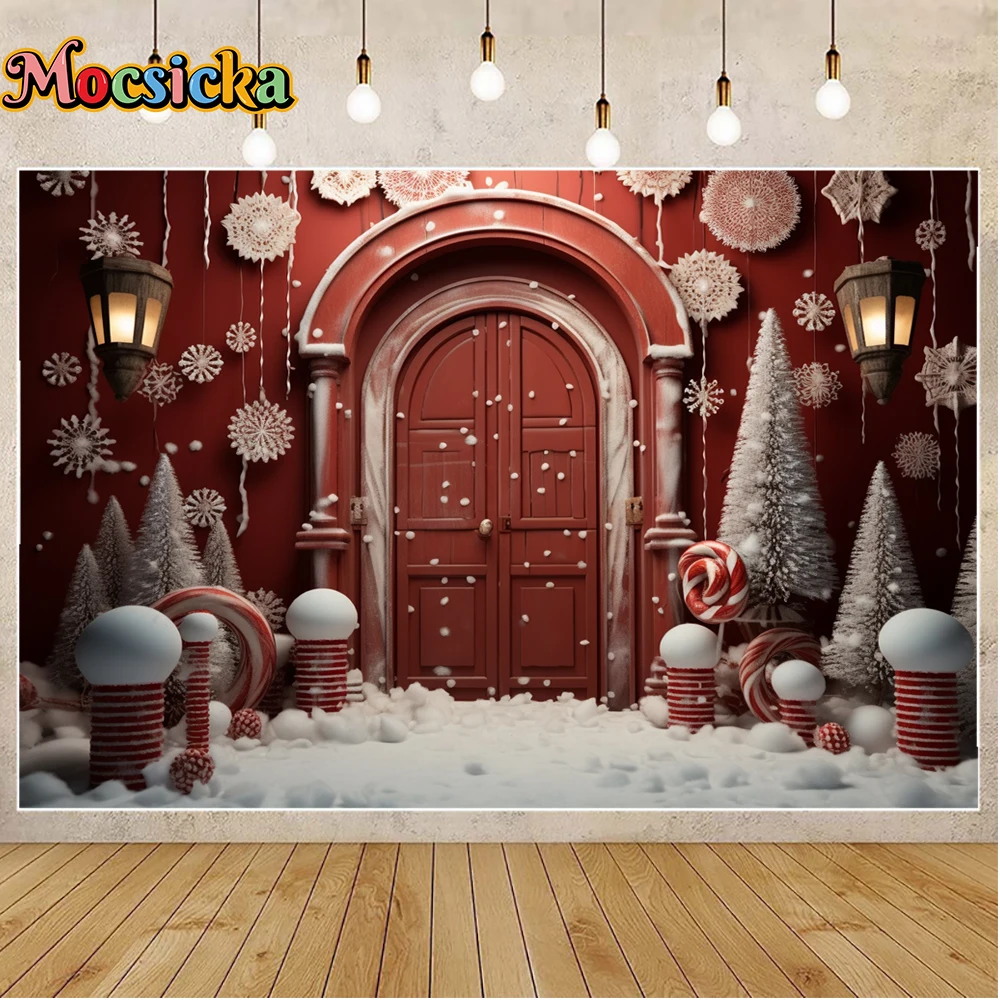 Mocsicka พื้นหลังสำหรับฤดูหนาวสำหรับถ่ายภาพคริสมาสต์ประตูลูกอมสีแดงต้นไม้คริสต์มาสวันหยุดงานปาร์ตี้ครอบครัวถ่ายภาพฉากหลังสตูดิโอ