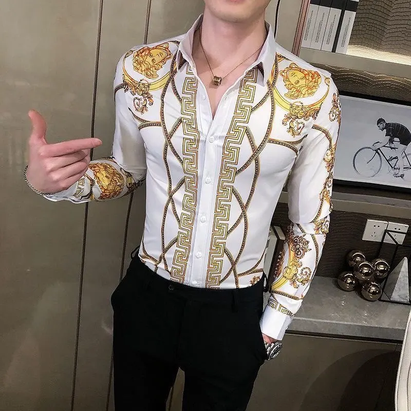 2025 Spring and Autumn New Men's Shirt Long Sleeve Turn-down Collar Printed Fashion Trend Shirt