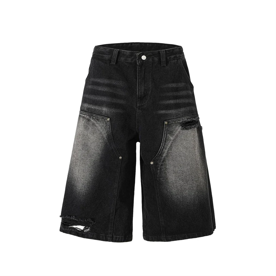 

Summer Hip Hop Denim Shorts Men Streetwear Punk Ripped Hole Jeans Short Harajuku Vintage Baggy Knee Length Pants Male