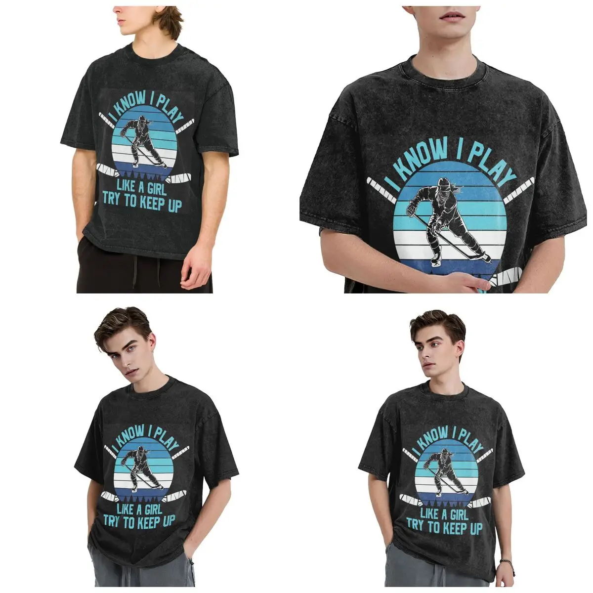Streetwear T-Shirts I Know I Play Like A Gril Try To Keep Up Hockey Washed T Shirt Short Sleeve T-Shirt Tops Tees for Men Women