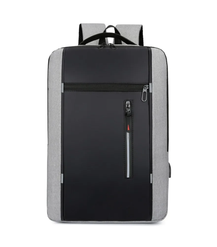 Gray black color block office backpack dual front zipper pockets with reflective strip side USB port padded breathable shoulder