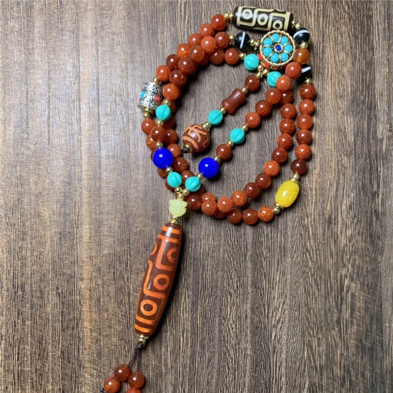 Tibetan-style Scale Blood Nine-Eyed Necklace, Agate with High Oil Content and Old Patina, Dzi Bead S