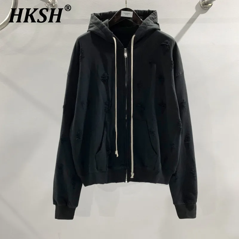 HKSH Spring Autumn New Men\'s Tide Dark Cat Whiskers Damaged Zipper Hoodie Coat Fleece Zipper Punk Fashion Chic Sweatshirt HK0795