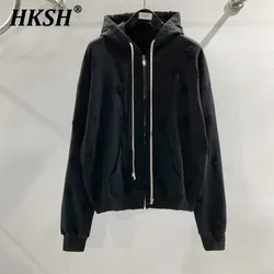 HKSH Spring Autumn New Men's Tide Dark Cat Whiskers Damaged Zipper Hoodie Coat Fleece Zipper Punk Fashion Chic Sweatshirt HK0795