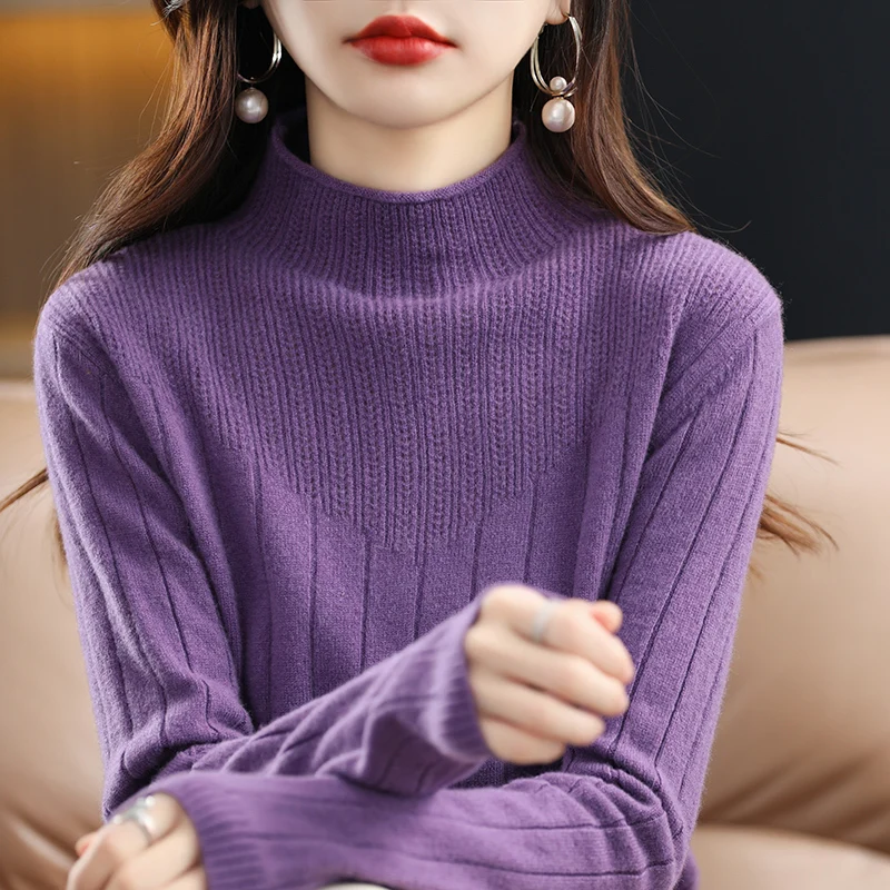 

Half Turtleneck Sunken Stripe Pattern Women's Sweater Autumn and Winter New 100% Pure Wool Sweater Comfortable Loose Pullover