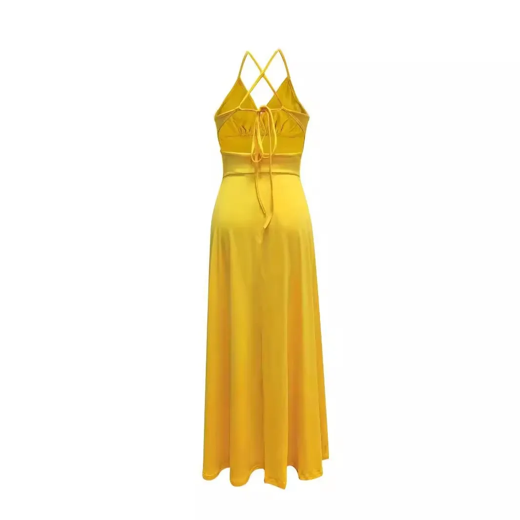 Solid Color Satin Evening Dress Long Sleeveless Gown with Deep V Neck And High Slit for Wedding Guest Yellow Maxi Dress