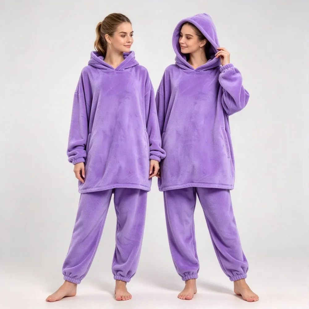 Oversized Women Sleepwear Fashion Winter Warm Hoodie with Pant 2pcs Loungewear Ladies Pajamas Sets Adult Homewear Pijamas Pyjama