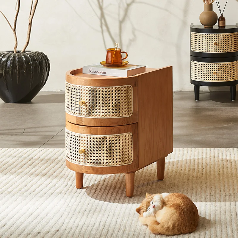 Retro Solid Wood Rattan Bedside Table,living Room Storage Cabinet,Furniture Comfortable Chest of Drawers Bedroom Nightstands