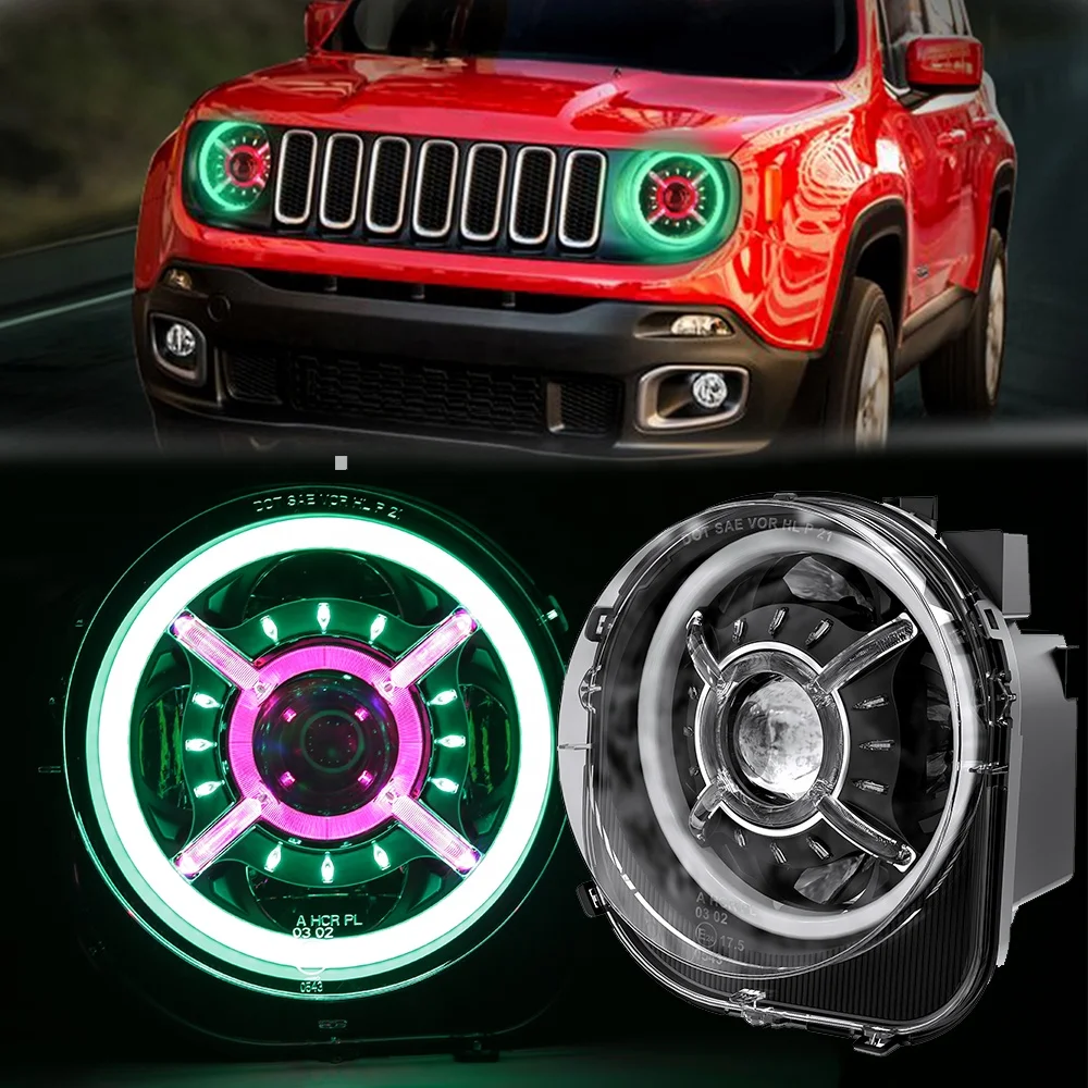 App Remote Control RGB Halo 9 Inch Led Headlight High-Low Beam DRL Daytime Running Lights for Jeep Renegade 2015-2021 DOT Emark