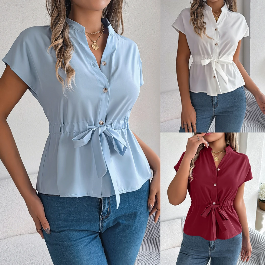 

Women's Tie Button Shirt Casual Ruffle Summer Tops Fashion Chiffon Work Shirt