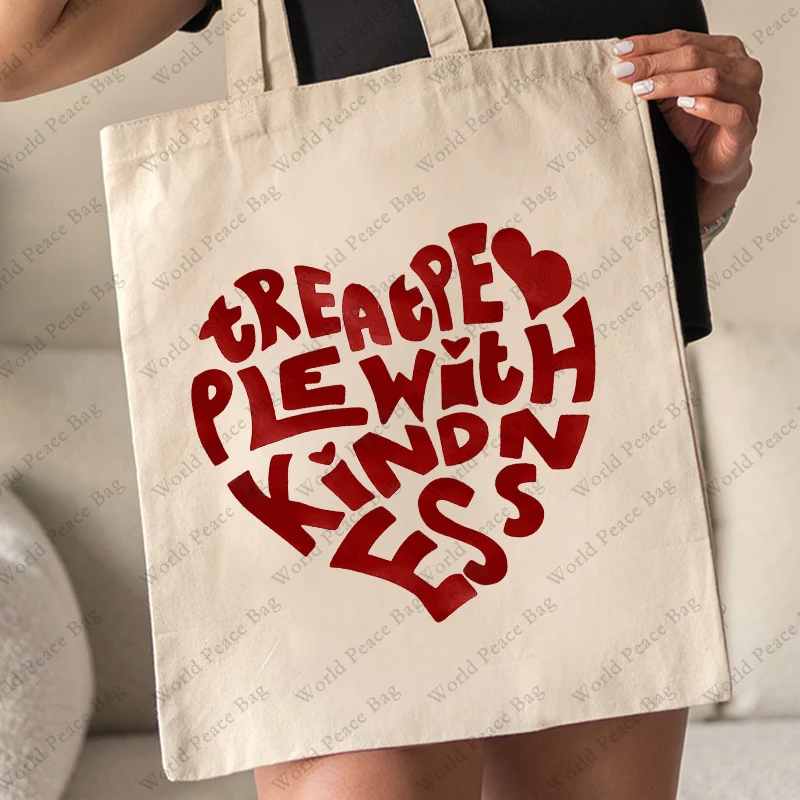 1 Pc Treat People with Kindness Pattern Tote Bag Large Capacity Canvas Shoulder Bag for Travel Daily Women Reusable Shopping Bag