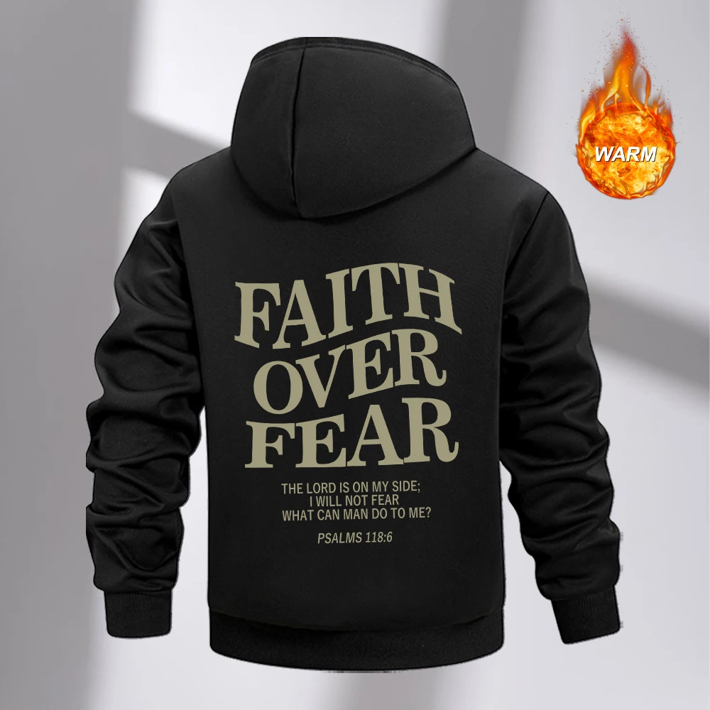 Men's FAITH OVER FEAR Printed Zipper Hooded Jacket Thickened Warm Autumn Winter Zipper Pocket Outerwear Casual Commuter Top