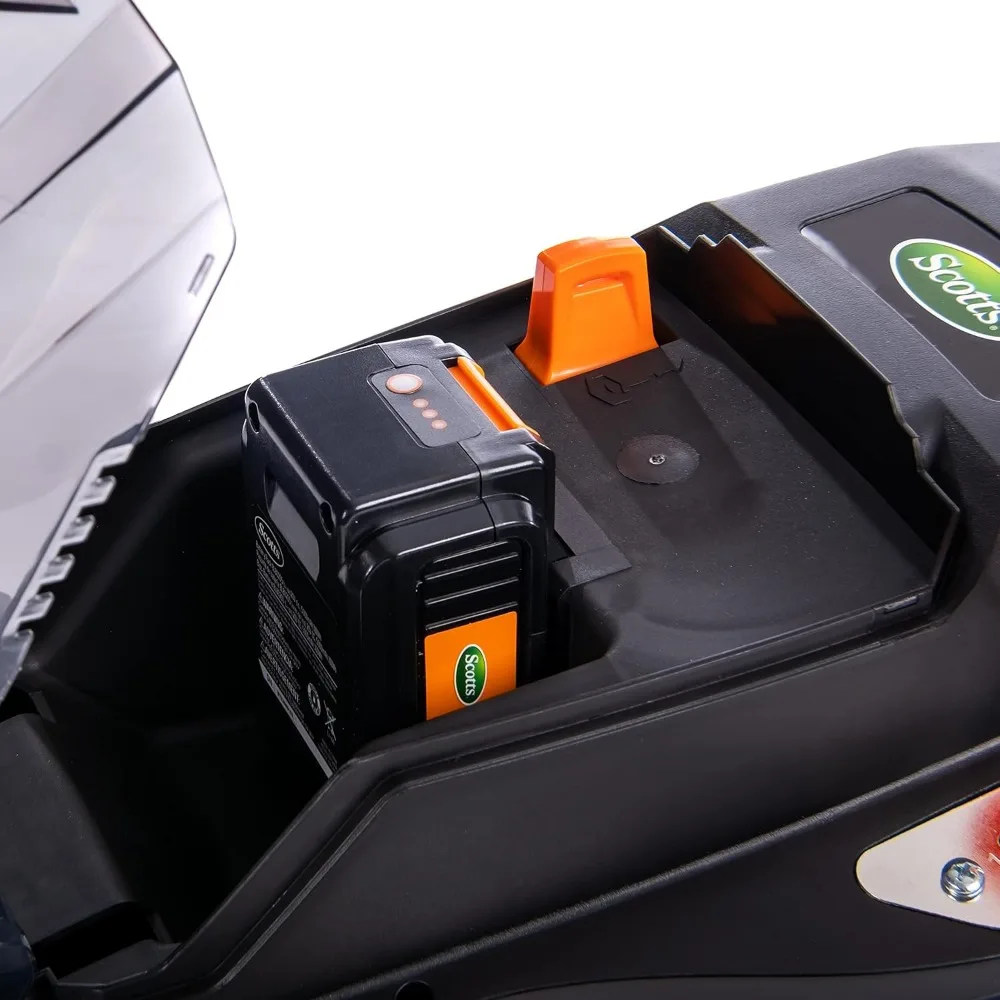 Cortador de grama elétrico sem fio Scotts de 20 volts e 16 polegadas com bateria de 5,0Ah e carregador rápido, preto/laranja