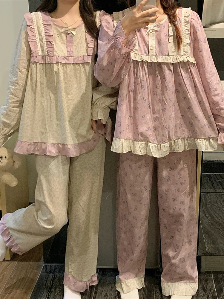 

Retro Floral Spwear Long Sve Women's Home Clothes Set Lace Trim Spring Autumn New Sle Sweet Sle Home Leisure Suit
