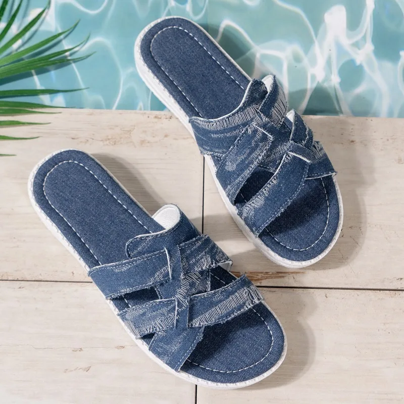 New Denim Slipper Female Shoes Non-slip Comfortable Summer Flat Slippers Woman Slides Outdoor Beach Casual Shoes Large Size 43