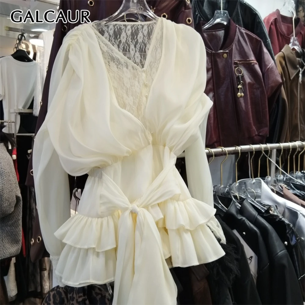 

GALCAUR Solid Spliced Ruffles Dress Female V Neck Long Sleeve Patchwork Lace Up Korean Sweet Women's Dresses Summer Fashion New