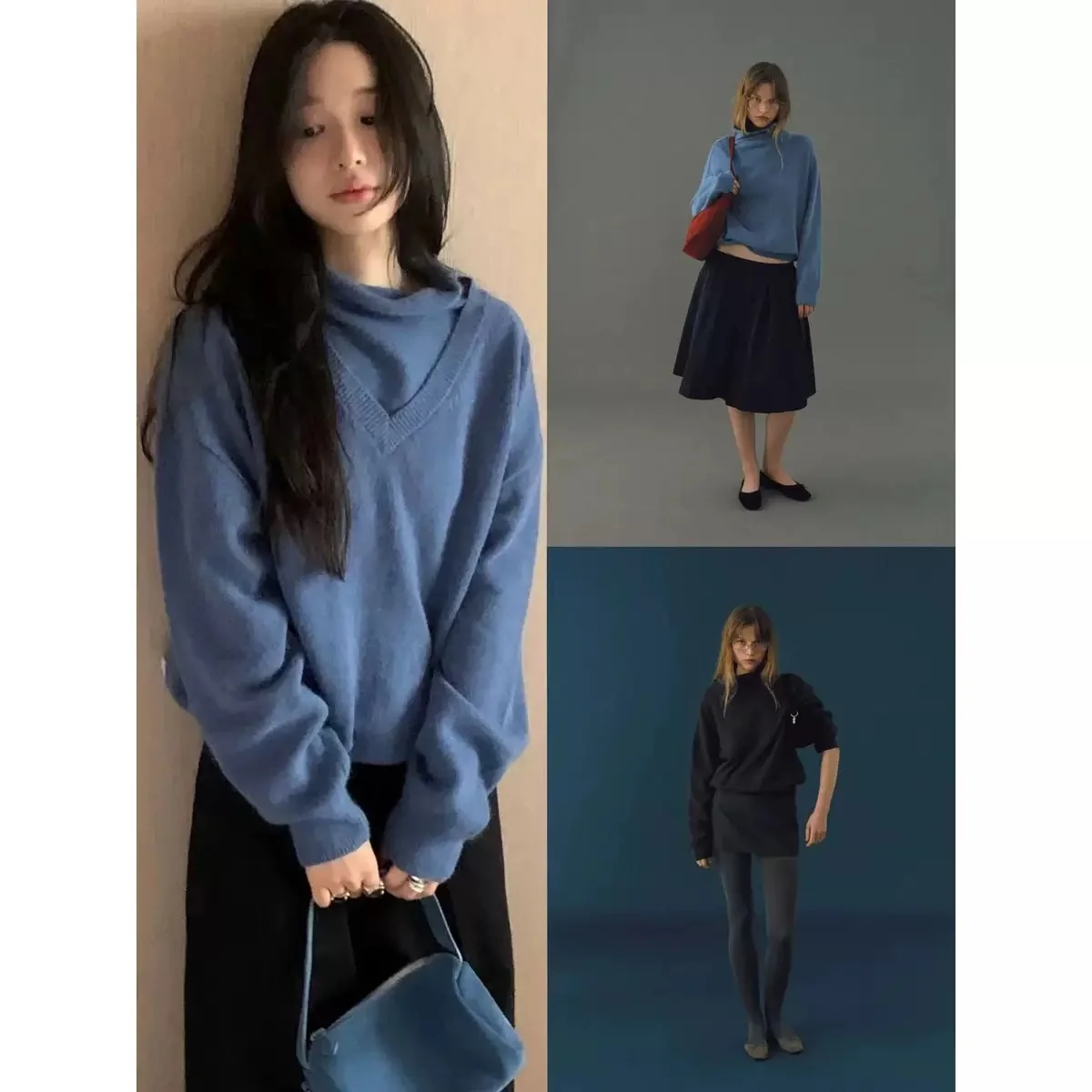 Sli عالية الياقة الأزرق محبوك سترة Faionable وهمية قطعتين الخريف الشتاء جديد وصول المرأة فضفاضة تناسب اللون