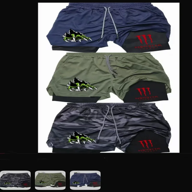 

2026Monster Energy Print Trendy Sports Elastic Breathable Fitness Double-Layer 5/8 Men's Shorts
