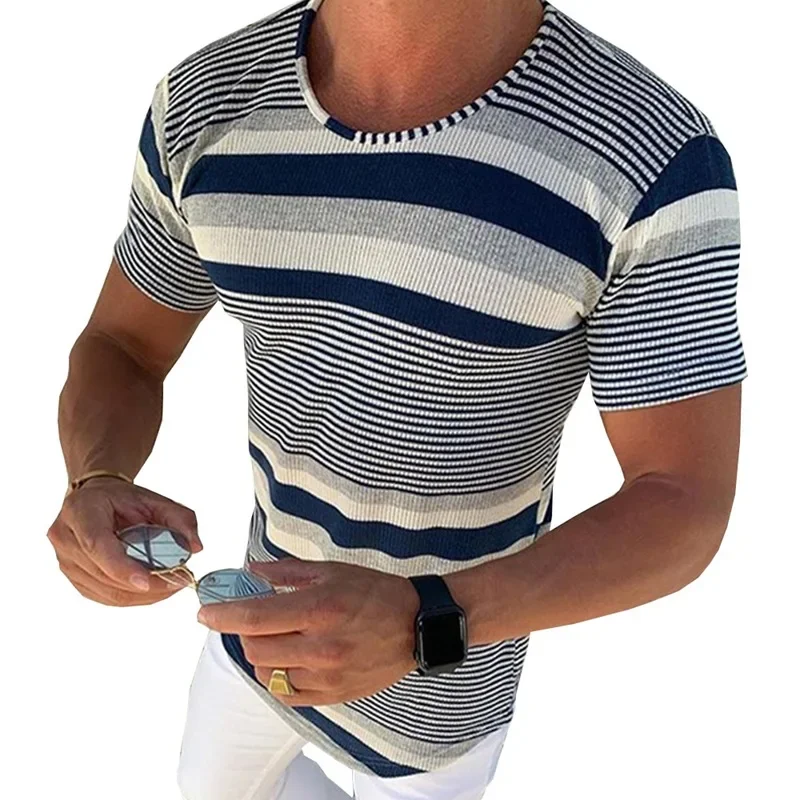 New Mens Coat Striped Round Neck Short Sleeved Woolen T-shirt Spring/summer Knitted Sweater for Men