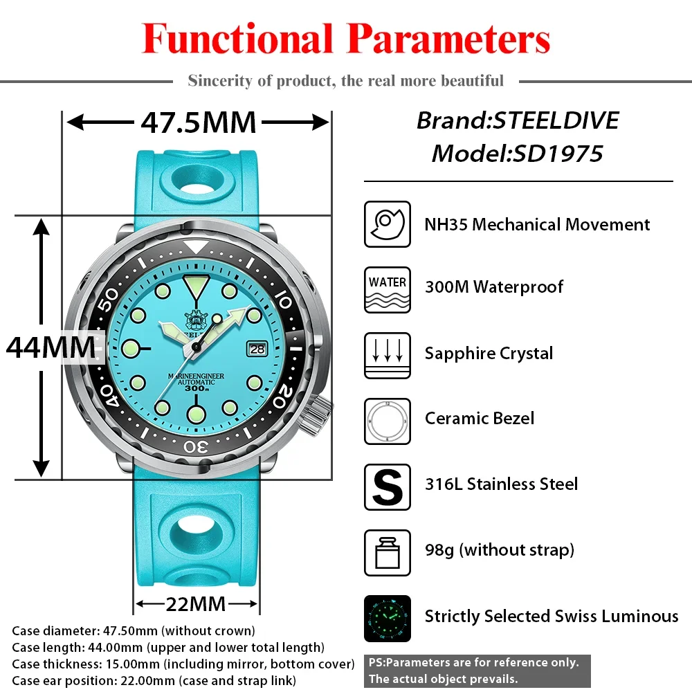 STEELDIVE SD1975 Mens Automatic Watches Men Dive Watch 300m Waterproof Mechanical Wristwatch C3 Luminous Clock Sapphire Mirror