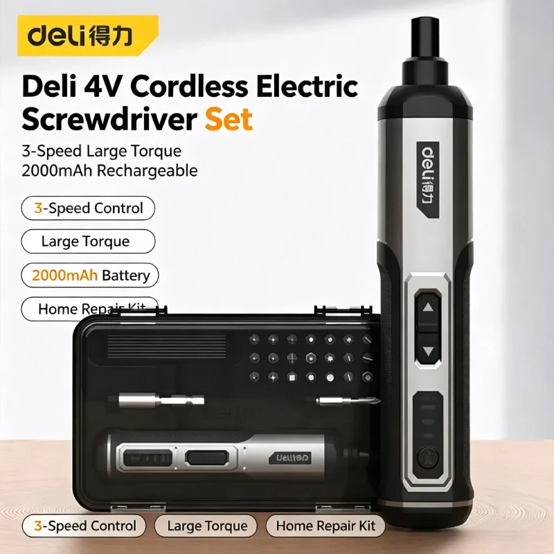 Deli 4V Cordless Electric Screwdriver 3‑Speed Large Torque 2000mAh Battery Household Repair Power Tool