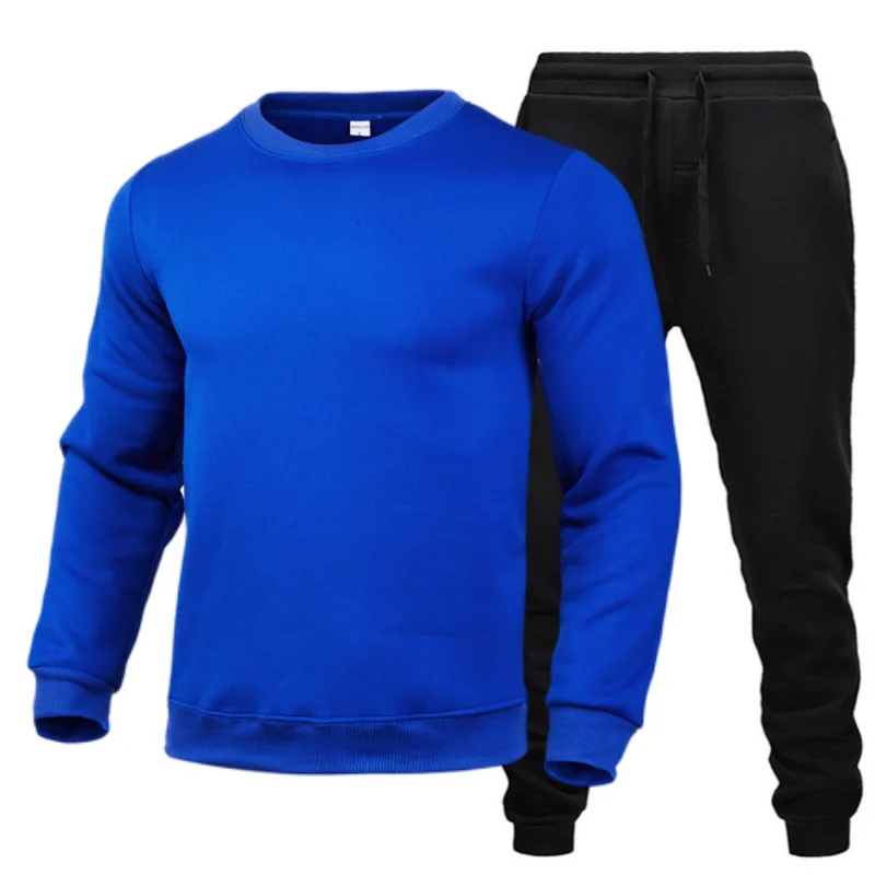 New  Solid Color New high-quality men\'s leisure sports round neck hoodless sweater pullover+outdoor running pants set