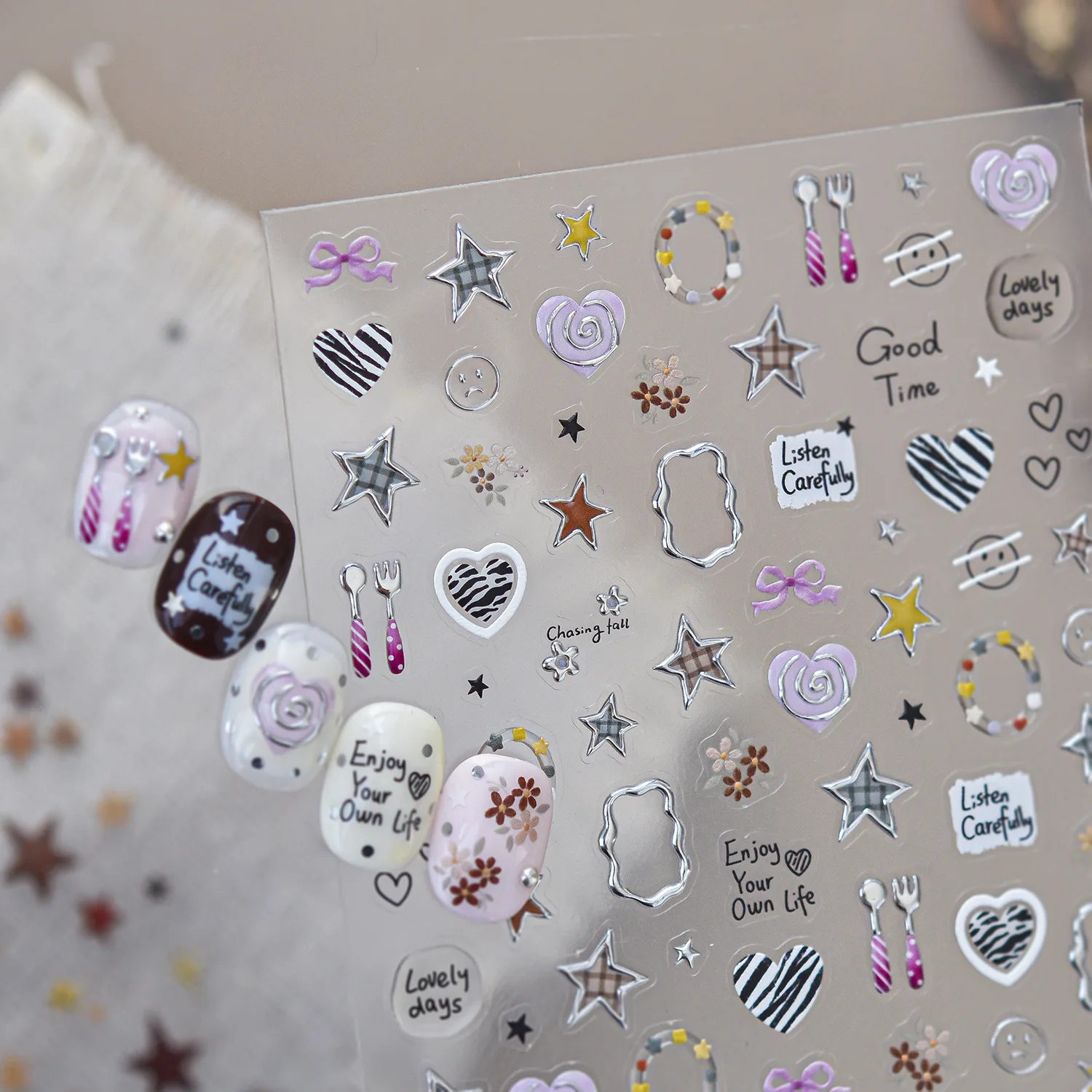 Sweet Cartoon 5D Nail Stickers Metal Star Bowknot Zebra Stripe Love Heart Doughnut Knife Fork Tableware Lollipop Nail Manicure
