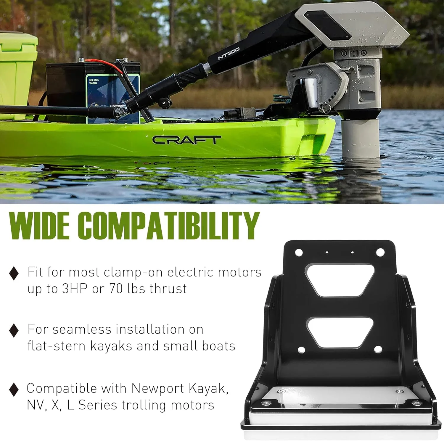 Trolling Motor Transom Motor Mount for Kayaks Kayak Motor,for Most Clamp-on Electric Trolling Motors up to 3HP or 70 Lbs Thrust