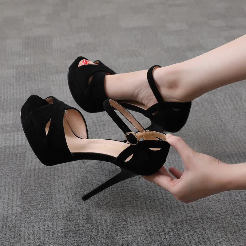 

Flock Sandals Women Summer Platform Pumps Black Party Dress Evening Shoes Female High Heels Sandals Peep Toe Platform Heels