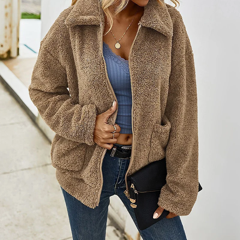 Winter Faux Fur Coat Long Sleeve Lapel Zipper Pockets Warm Jacket Solid Plush Fleece Overcoat Casual Short Outwear Crop Jacket