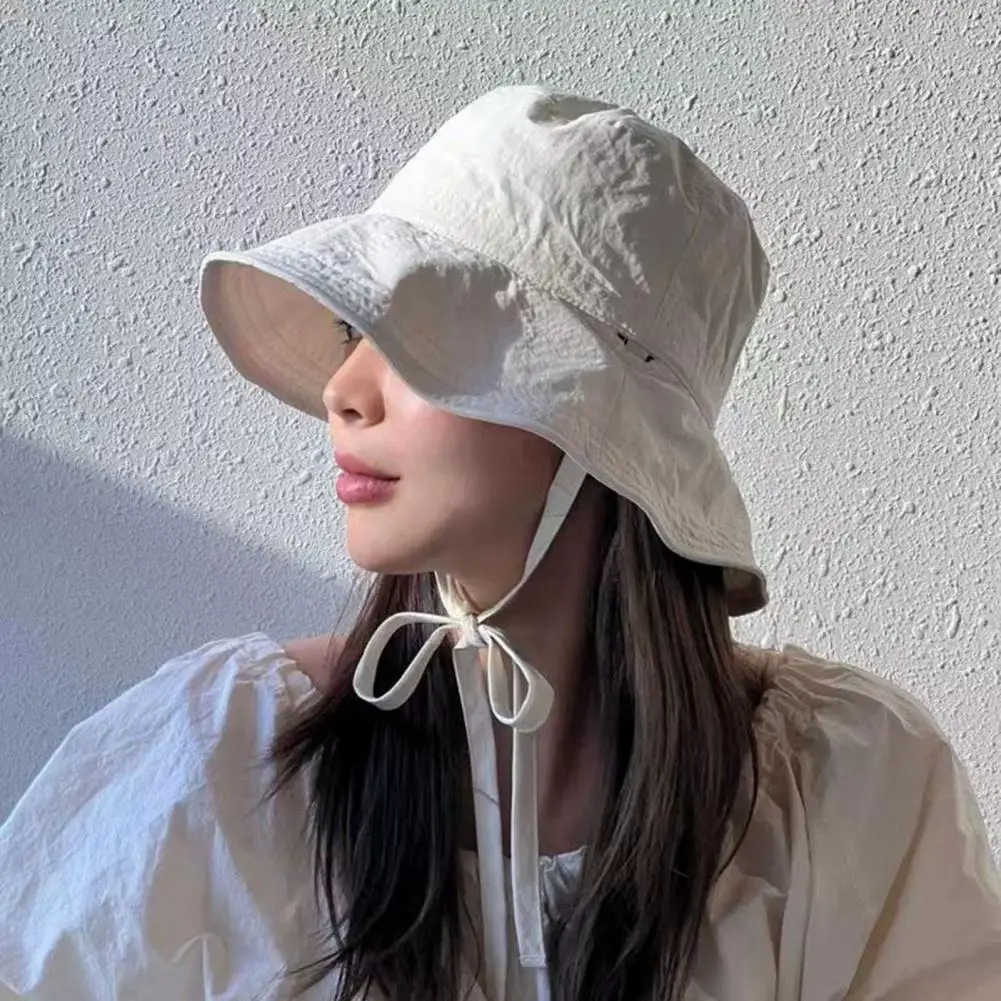 

Women Fisherman Hat Lace Up Windproof Fixed Strap Wide Brim Solid Color Anti-UV Flat Top Soft Foldable Basin Hat Lady Summer Cap