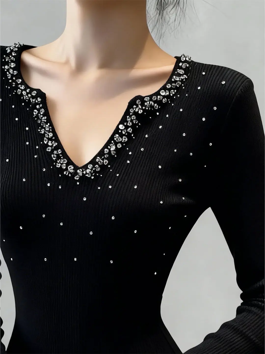 Slim Fit V-Ne Gestrickte Basis irt Damen Faion Herbst Winter New Sle Beautiful Drill Embellied Inner Wear Top