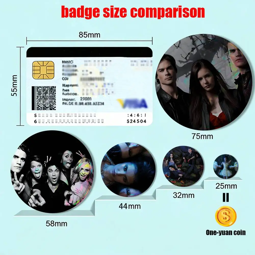 TVD movie The Vampire Diaries Reflective Pin Tinplate Round Brooch Cartoon Cosplay Badges for Bag Hat Toys Gifts