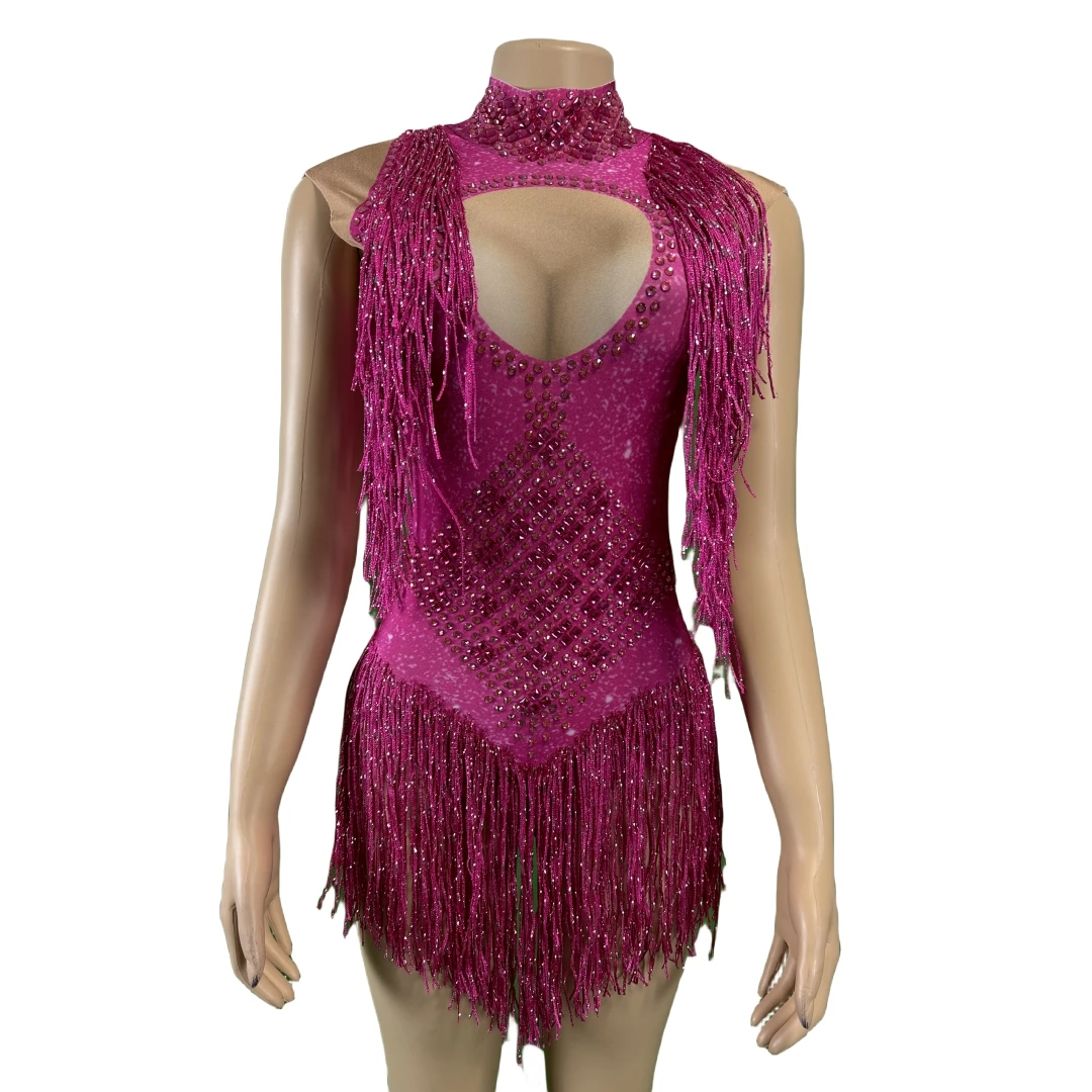 

Shinning Rose Red Rhinestone Tassel Bodysuits For Women Nightclub Not See Thru Dancing Pole Stage Wear Party Queen Drag Costume