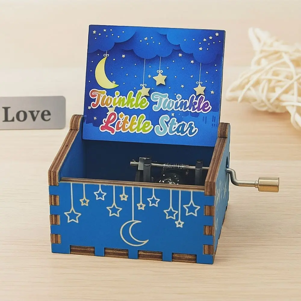 New Star Wooden Music Box Happy Birthday Classical Carved Musical Box Blue Hand Crank Light Luxury Music Gifts Birthday Gifts