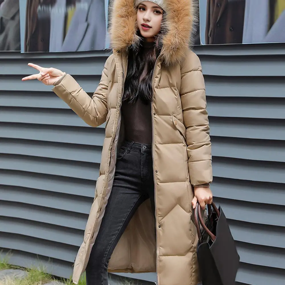 Slim Waist Winter Women Jacket Furry Hood Pockets Zipper Button Closure Cotton Coat Knee Length Mid Length Windproof Warm Coat