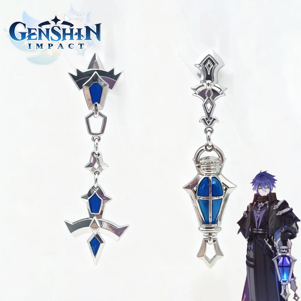 Game Genshin Impact Flins Cosplay Earrings Metal Lantern Ear Studs Hip Hop Asymmetric Eardrop Adult Unisex Fashion Party Prop