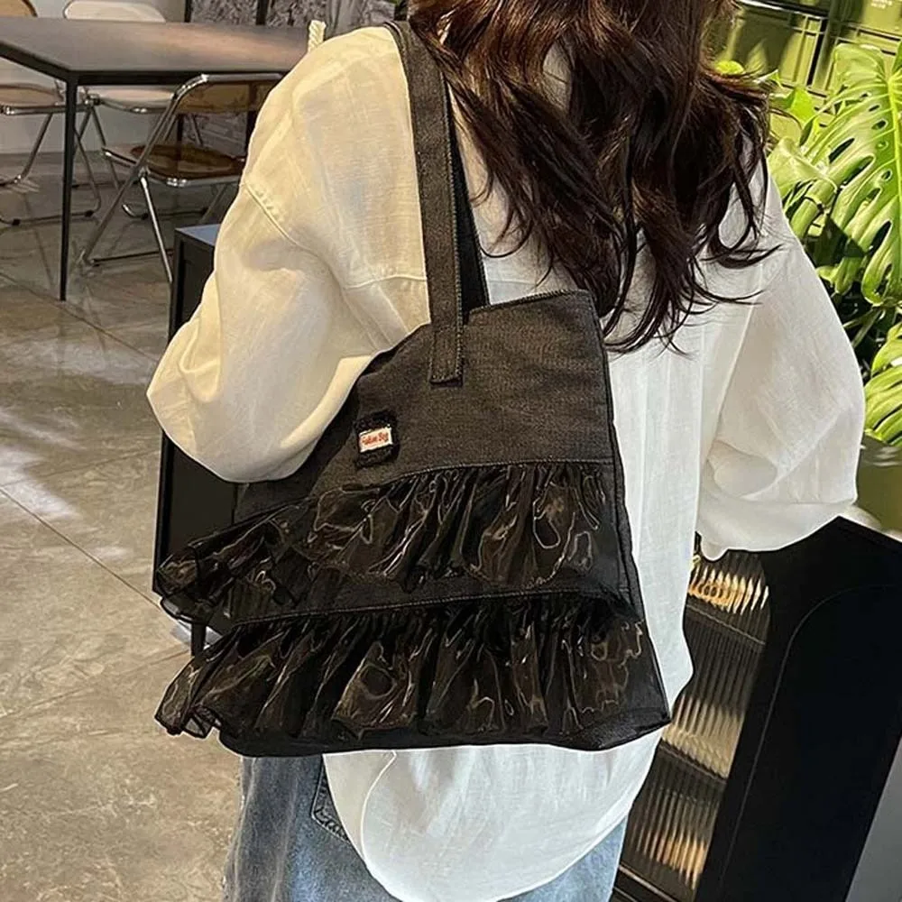 

Fashion Portable Denim Blue Tote Bag Korean Style Black Denim Lace Handbag Large Capacity Polyester Underarm Bag Shopping