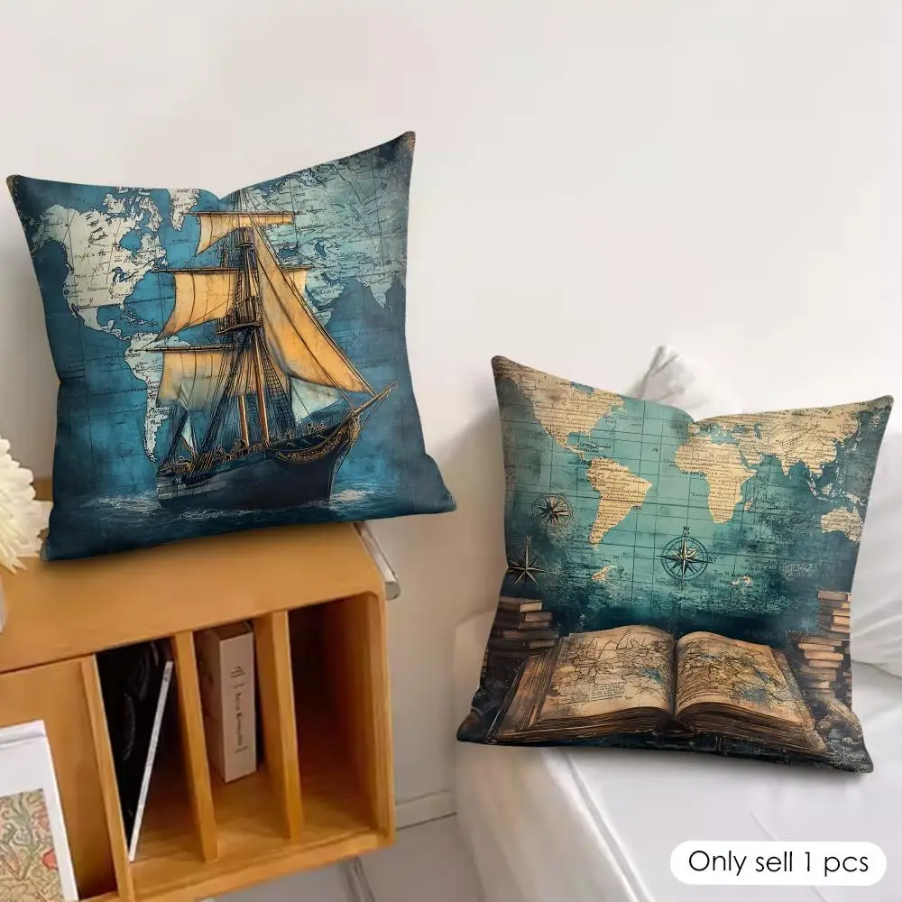 The Retro Age Of Navigation Cushion Cover Silky Short Plush Invisible Zipper Dustproof Sofa Pillow Case For Home Decor