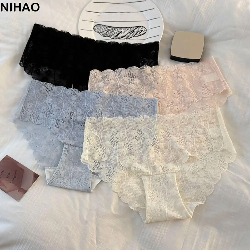 

4Pcs Fashion Mid Waist Mesh Flower Panties Cotton Crotch Underpants Lace Briefs Female Lingerie Thin Underwear for Women Lady