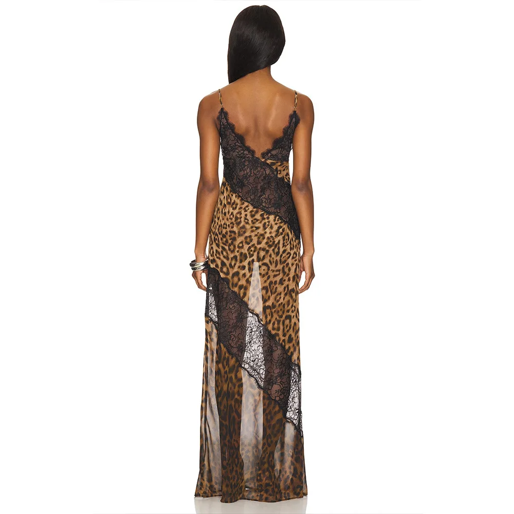 Abito lungo leopardato con stampa in pizzo trasparente patchwork per donna Abito da sera elegante con scollo a V e cinturino per spaghetti