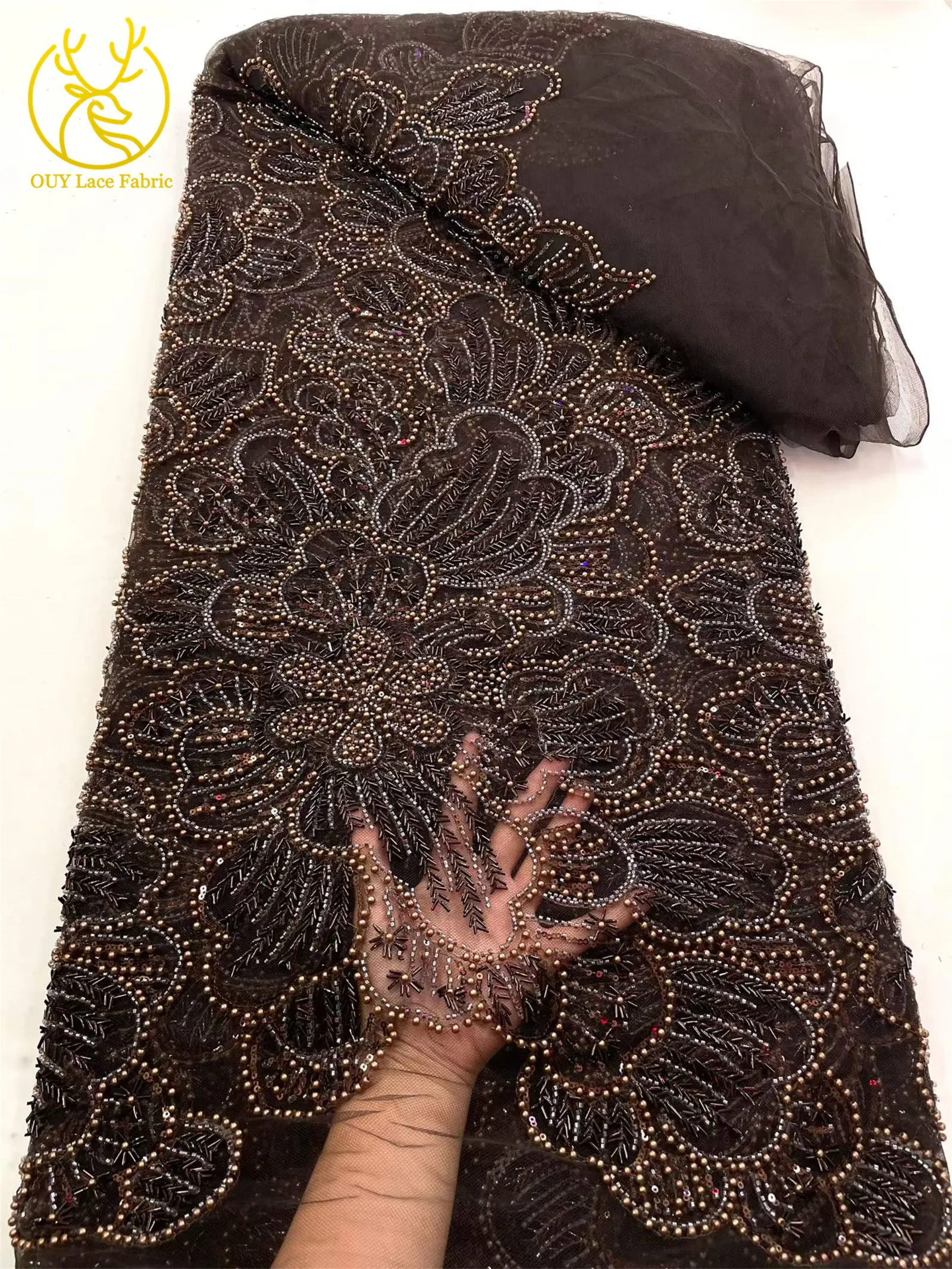 5 Yards afrikanischer Spitzenstoff 2026, hochwertige französische Perlen-Tüllspitze, luxuriöse nigerianische Pailletten-Netzspitze für Hochzeitskleider – Detail 12