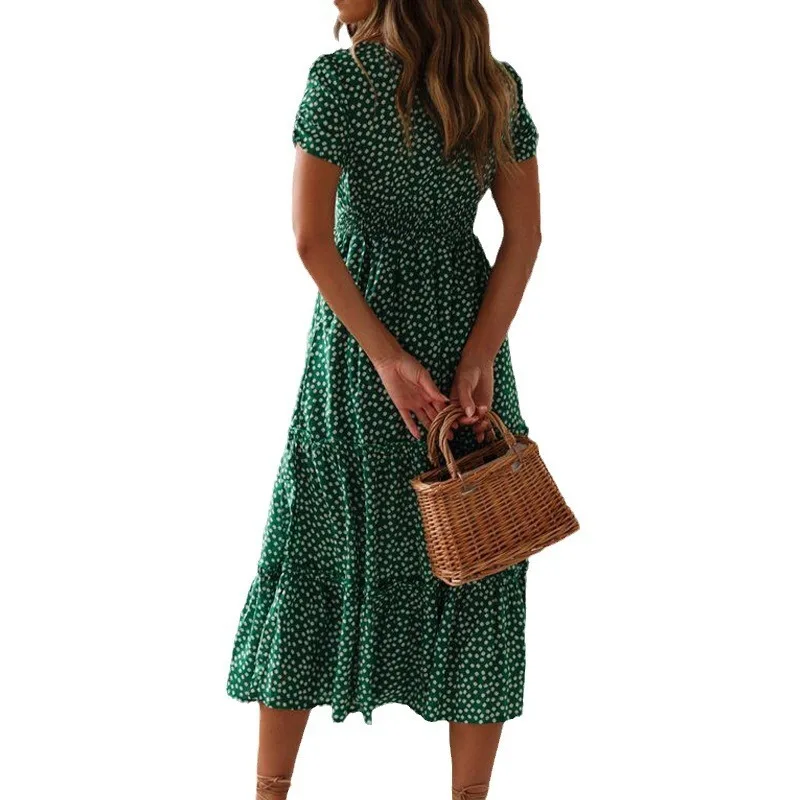 Vintage Casual Short Sleeve Holiday Bohemian Beach Dress Women's Sundress Summer Sexy Green Floral Print Bodycon Mini Dress