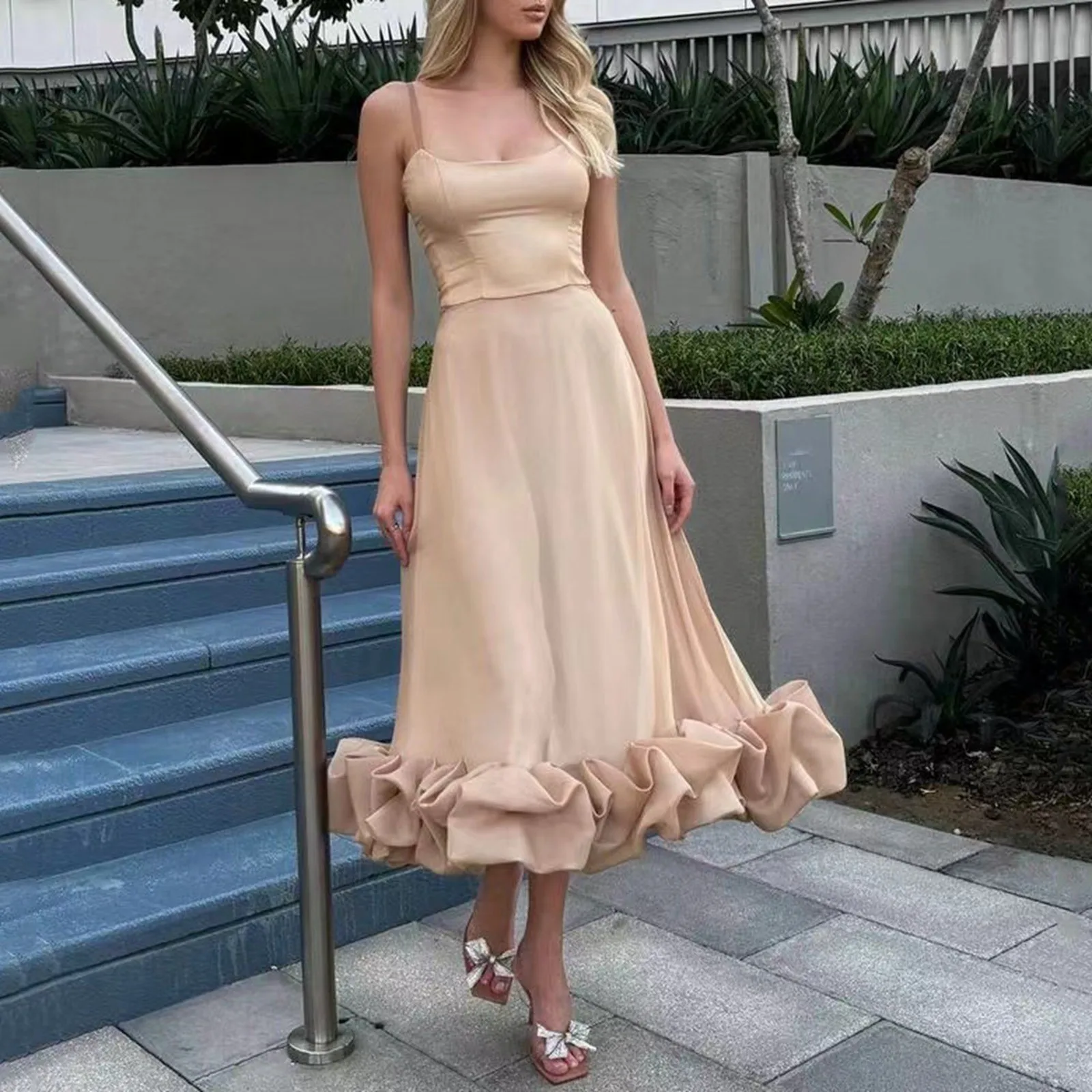 Elegant Ruffle Solid Sling Long Dress Women Strap Waist Party Dresses Fashion Sleeveless Backless Beach Swing Skirt A-Line Tutu