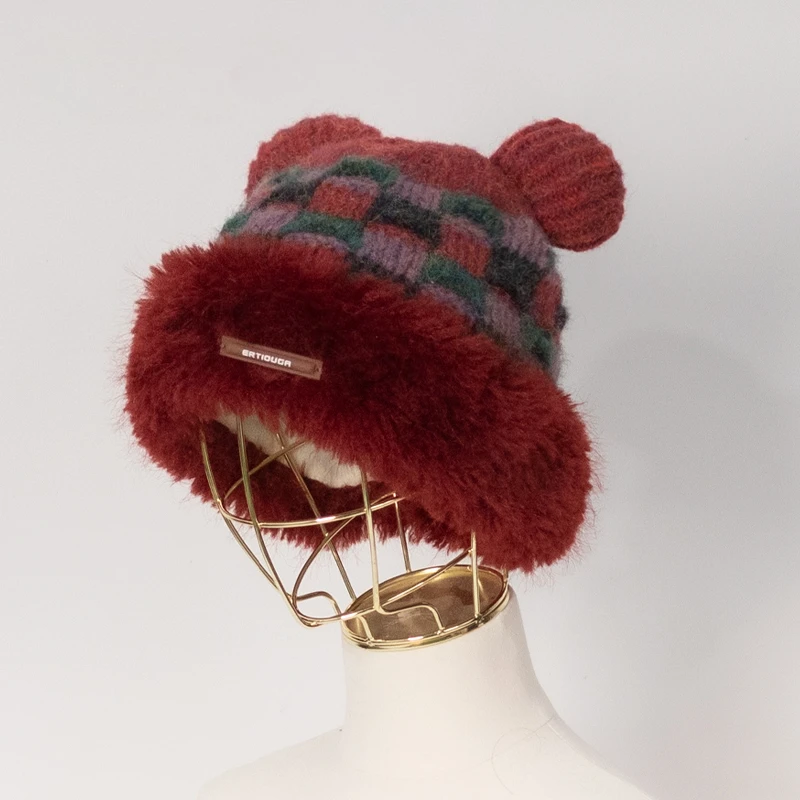قبعة صوفية لطيفة على شكل آذان الدب للسيدات للخريف والشتاء النسخة الكورية من قبعة محبوكة حرارية دافئة منقوشة حلوة جديدة